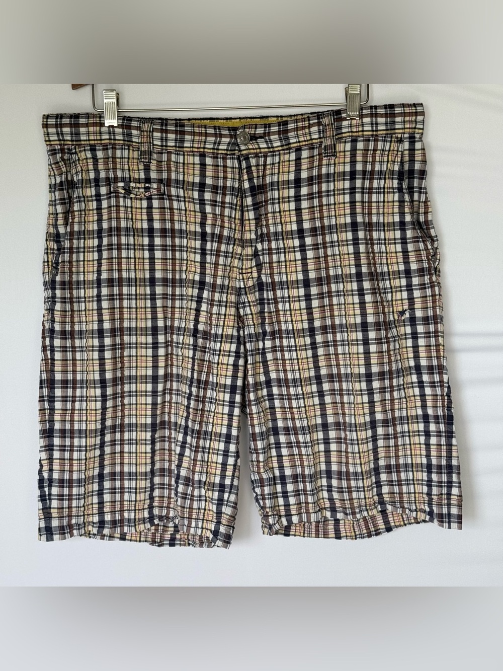 7 For All Mankind Mens 38 Plaid Madras Shorts in Navy, Yellow & White 21” Long